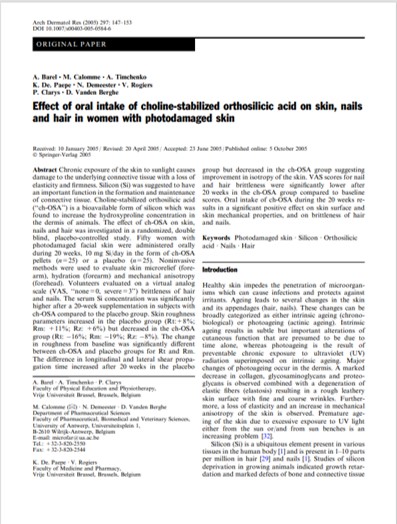 Barel A et al_Effect of oral intake of choline stabilized orthosilicic acid on skin nails and hair in women with photodamaged skin