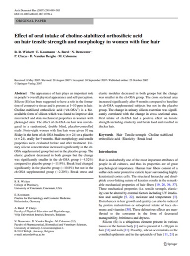 Wickett R R et al_Effect of oral intake of choline-stabilized orthosilicic acid on hair tensile strength and morphology in women with fine hair